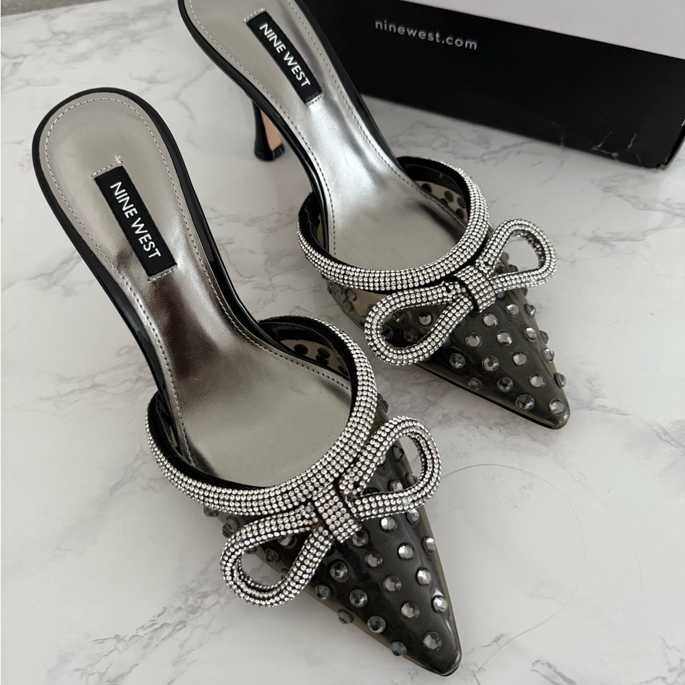 Nine West Black and Silver Heels with Crystal Embellishments
